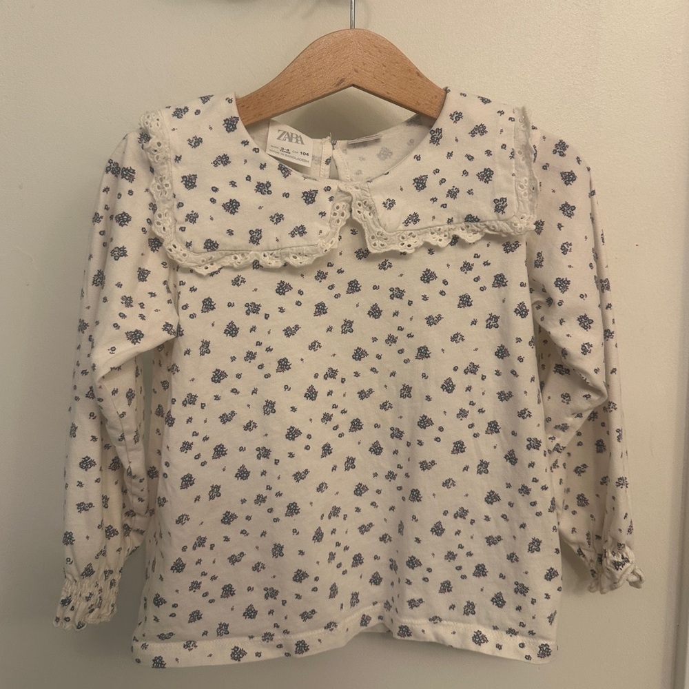 Zara Blue and White Long Sleeve Tee with Vintage Collar